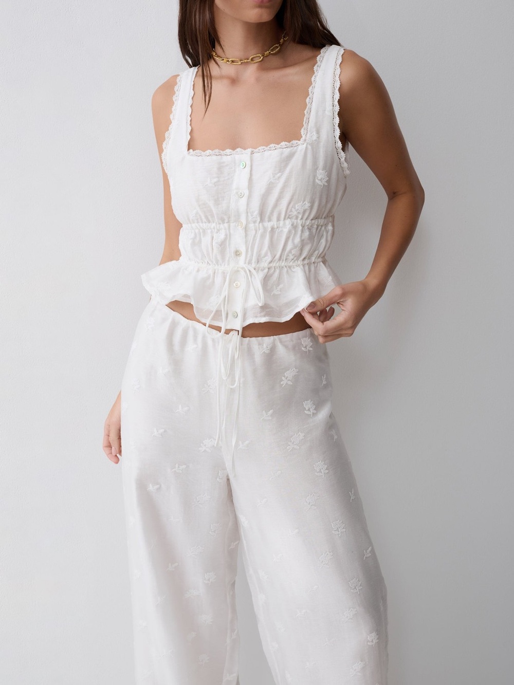 Meshki White Embroidered Wide-Leg Pant Set